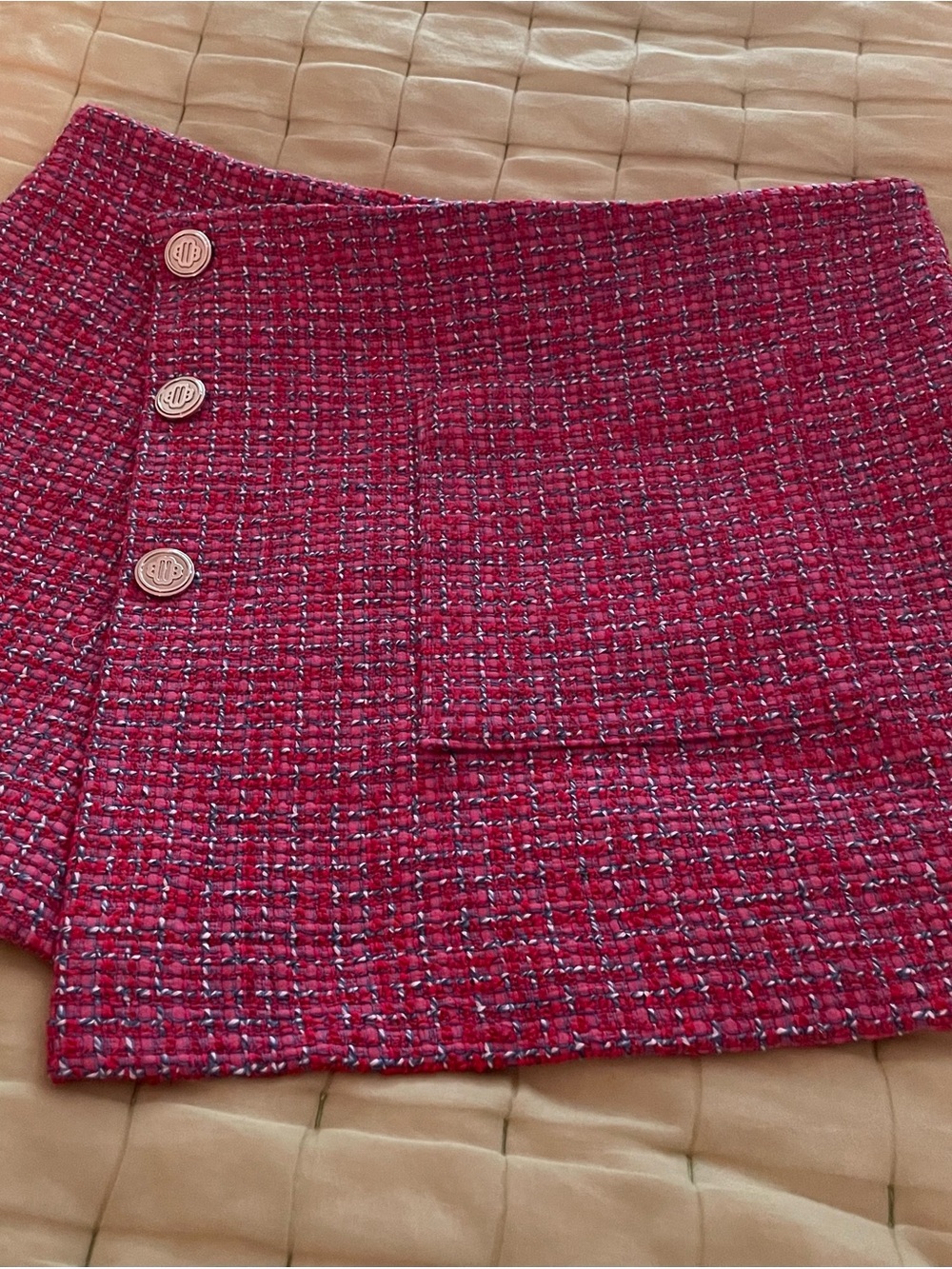 Maje Hot Pink Tweed Mini Skirt with Button Trim and front pocket.